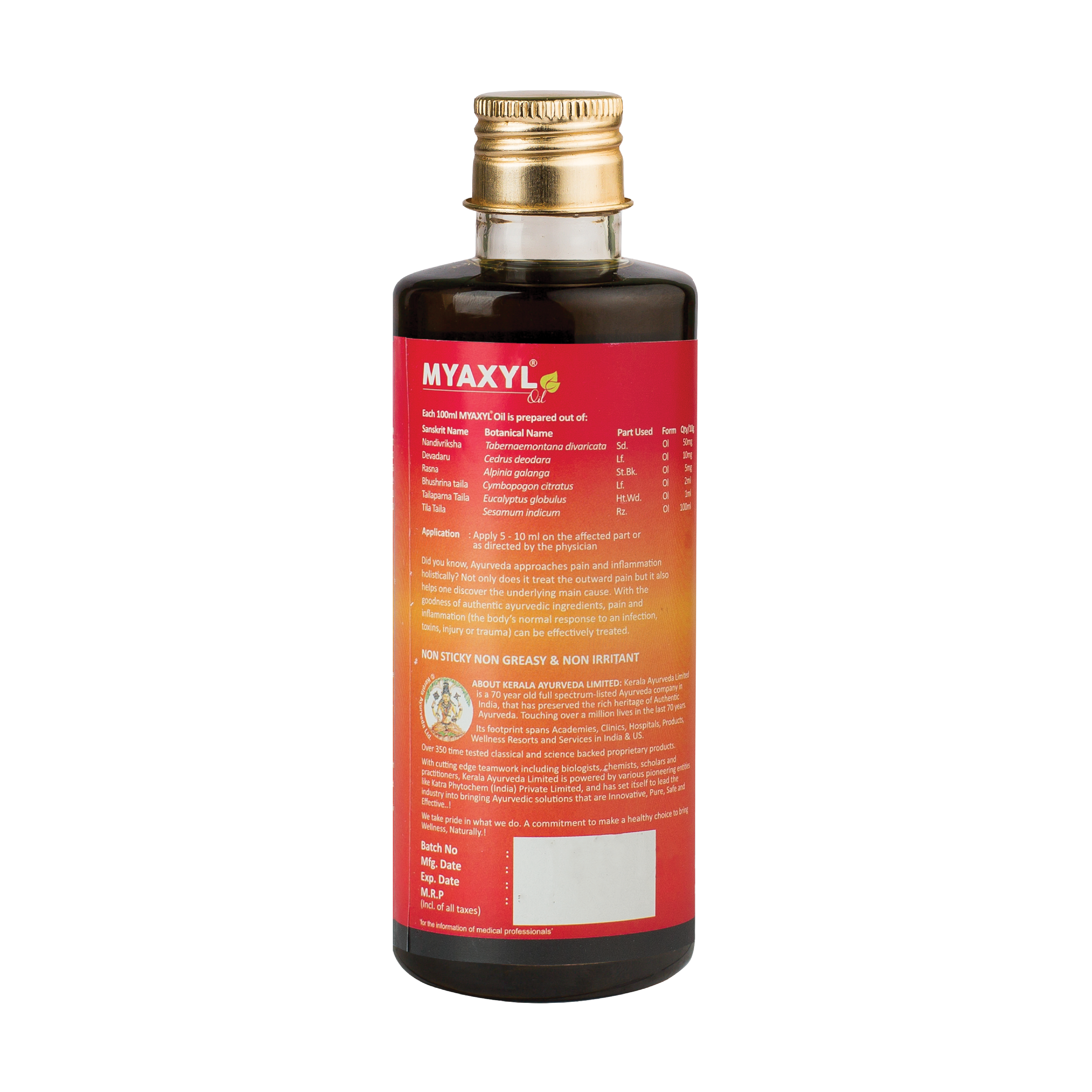 Rear view of larger 200 ml Myaxyl Oil glass bottle showing detailed ingredient panel, usage instructions and non-greasy claim on a red-to-yellow label – Kerala Ayurveda India