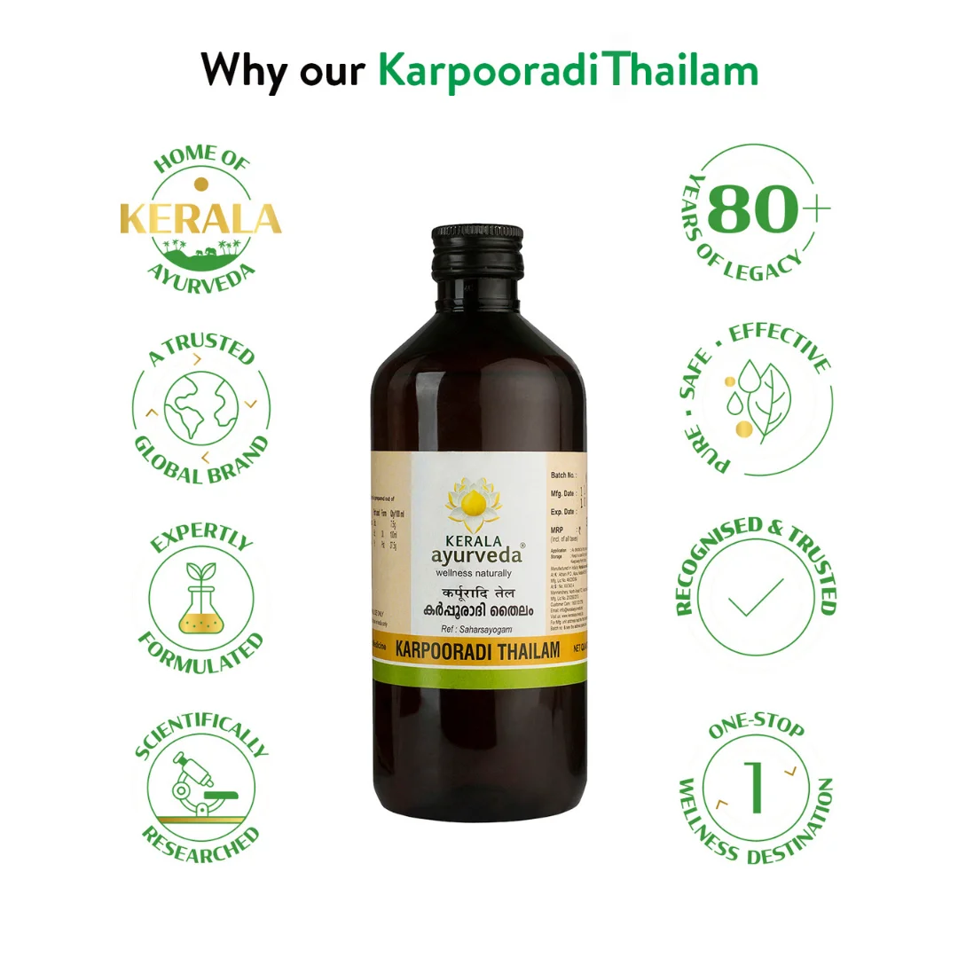 Banner titled "Why our Karpooradi Thailam," emphasizing Kerala Ayurveda's 80+ years of legacy, global brand trust, expert formulation, and scientific research. – Kerala Ayurveda India