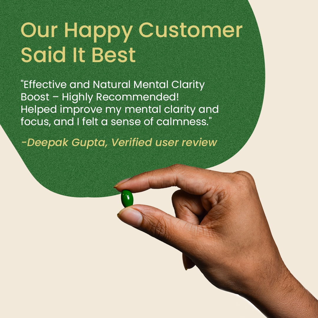 Customer-review banner showing a hand holding a green Brahmi Pearls capsule beside praise for mental clarity and calmness, highlighting positive results from brahmi for memory – Kerala Ayurveda India