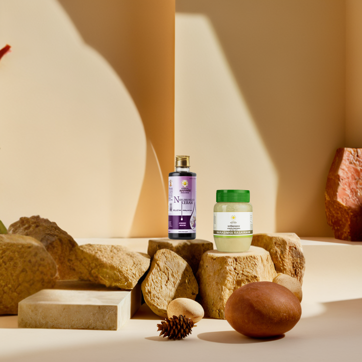 Two skincare products on a stone display against a warm, neutral background with natural lighting.