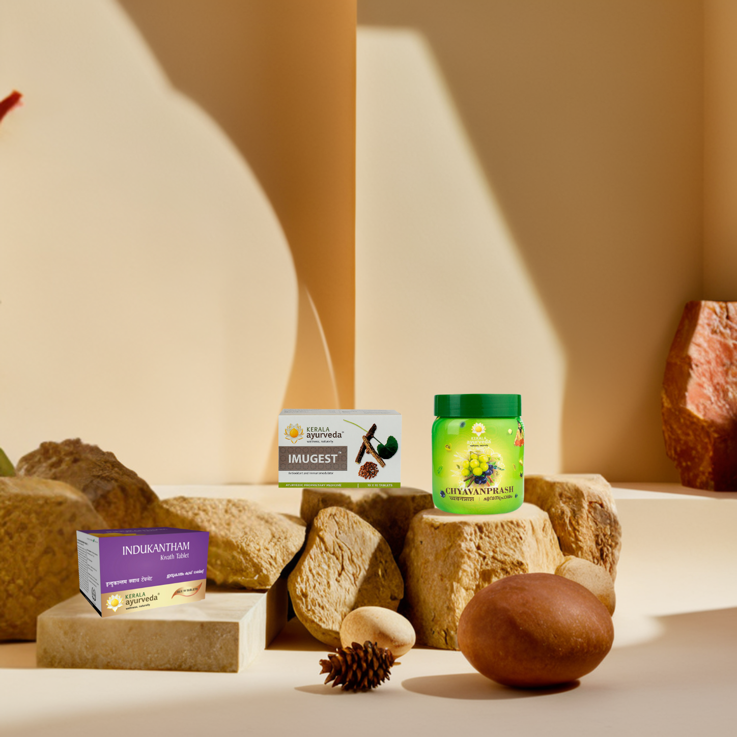 Products displayed on stone pedestals against a beige background, featuring jars and boxes of herbal remedies.