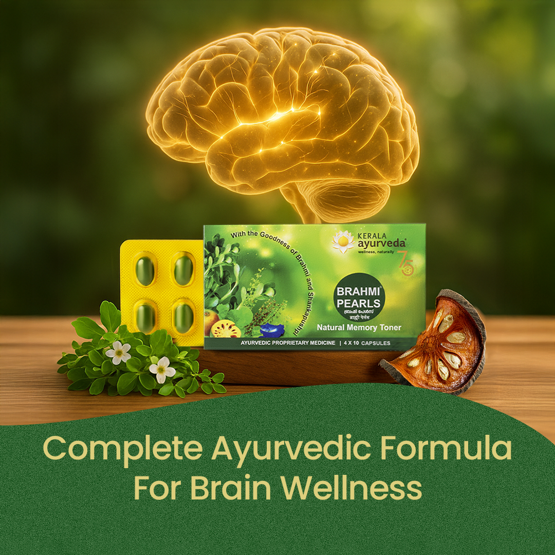 Brahmi Pearls pack, blister strip and herbs set before a glowing brain image, promoting the capsules as a complete ayurvedic formula for brain wellness – Kerala Ayurveda India