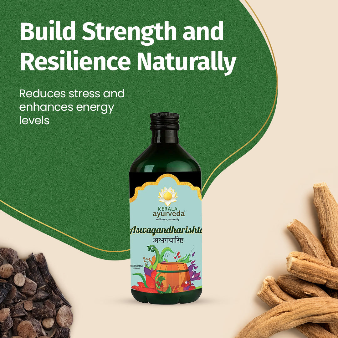 Lifestyle banner reading “Build Strength and Resilience Naturally” with Kerala Ayurveda Aswagandharishta bottle, ashwagandha roots and herbs on a stylish backdrop, promoting the tonic’s energy and stress-relief benefits – Kerala Ayurveda India
