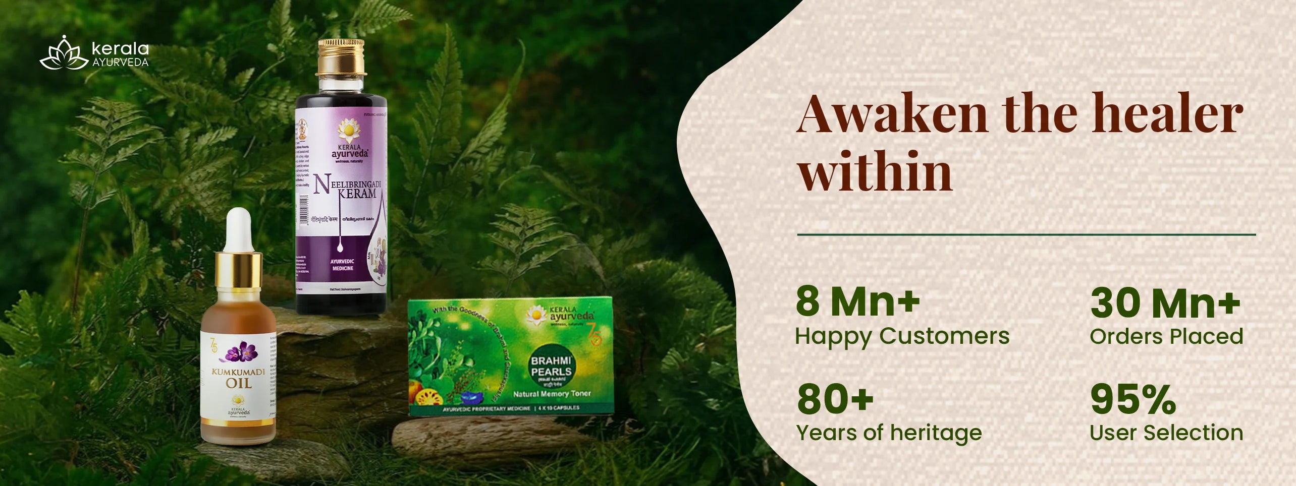 Products from Kerala Ayurveda displayed on a natural background, featuring herbs and wellness information.