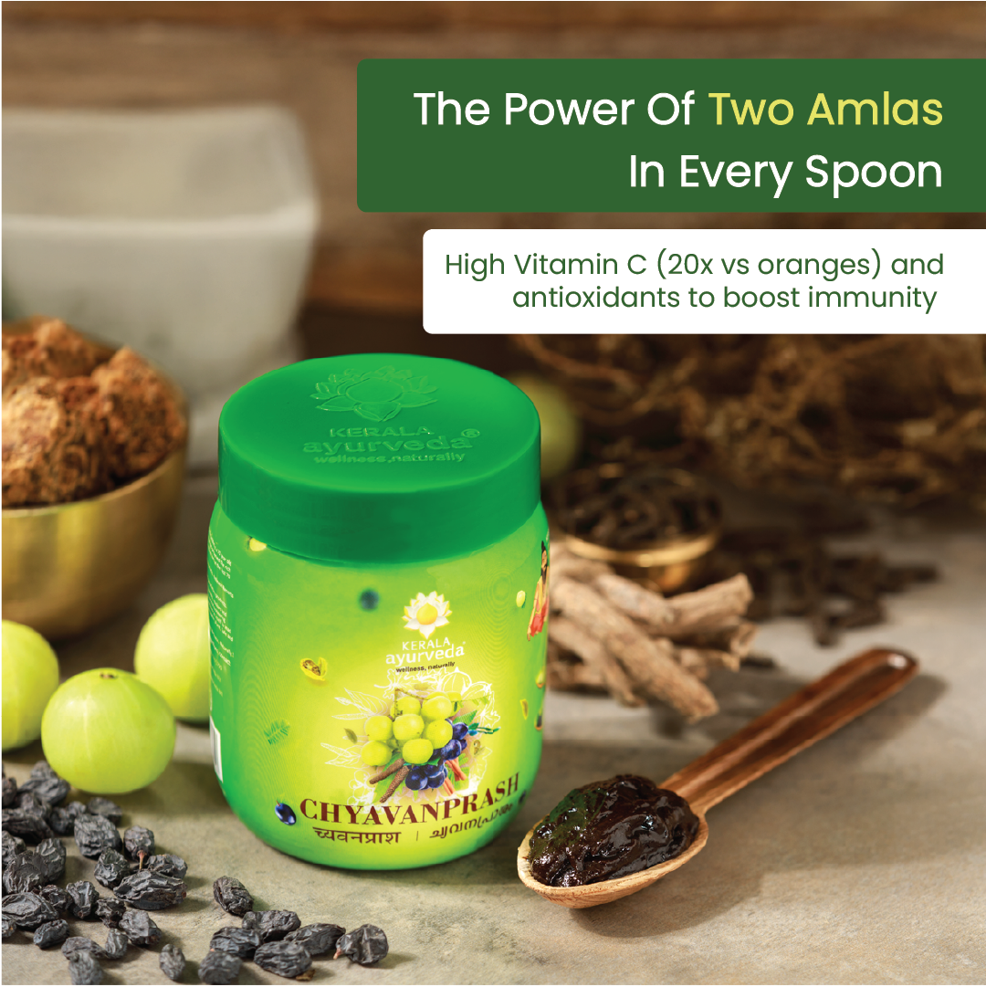 Chyawanprash jar with fresh amla berries and a spoonful of paste, highlighting high vitamin C and antioxidants in every serving of this best Chyawanprash – Kerala Ayurveda India