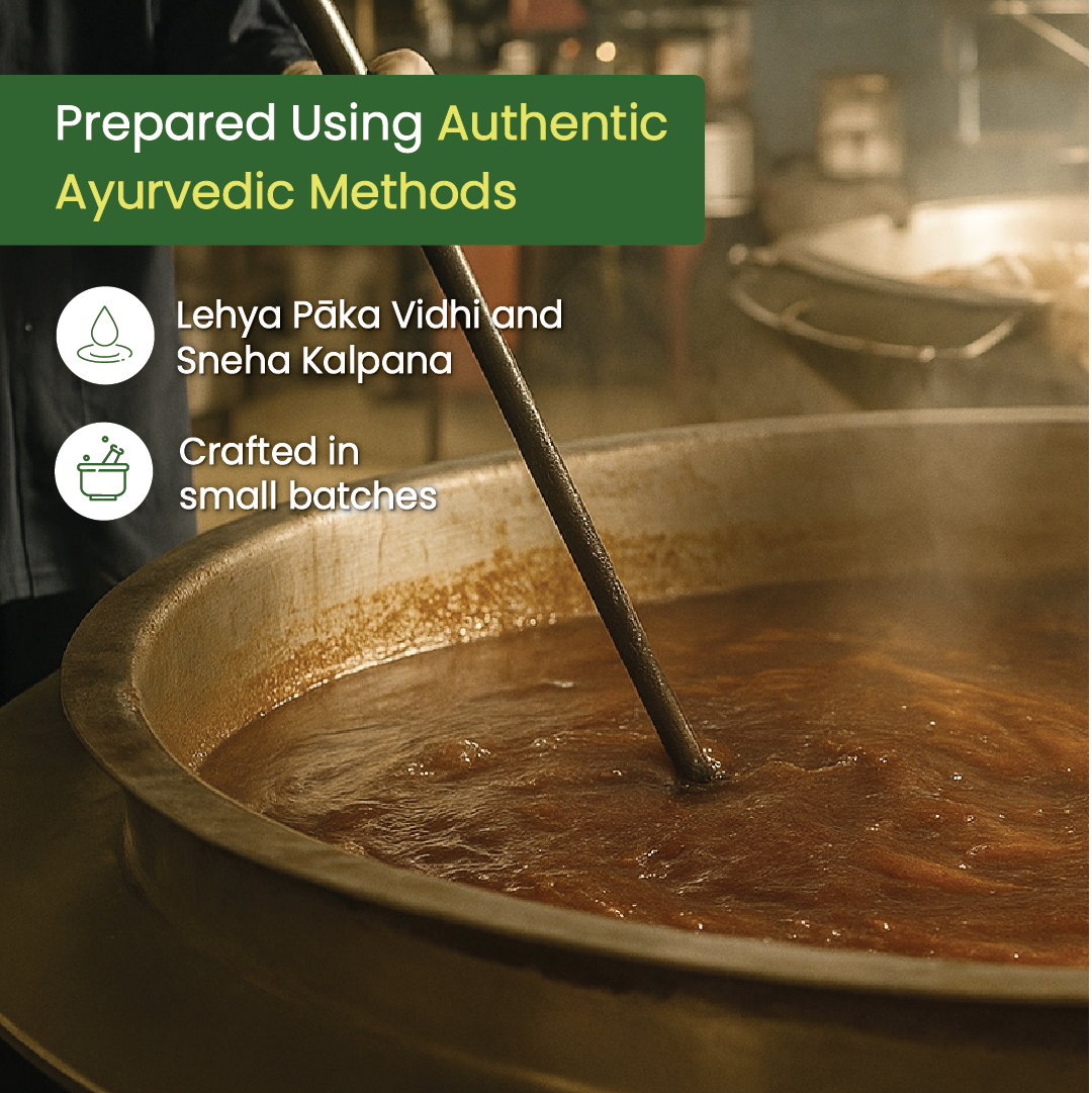 Traditional Chyawanprash being slow-cooked in a brass vessel using Lehya Pāka Vidhi, capturing authentic preparation that preserves chyawanprash benefits – Kerala Ayurveda India