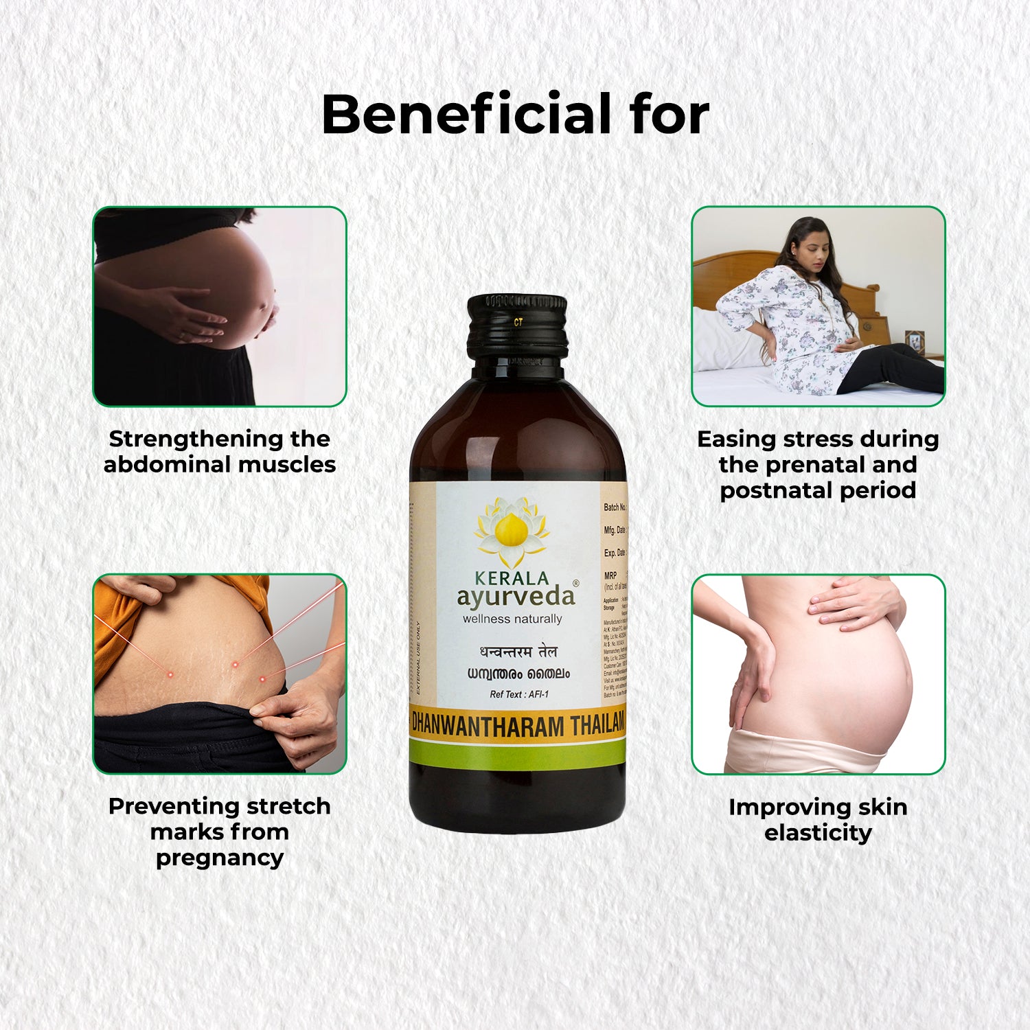Infographic on major dhanwantharam thailam uses: strengthens abdominal muscles, eases prenatal stress, prevents stretch marks, improves skin elasticity