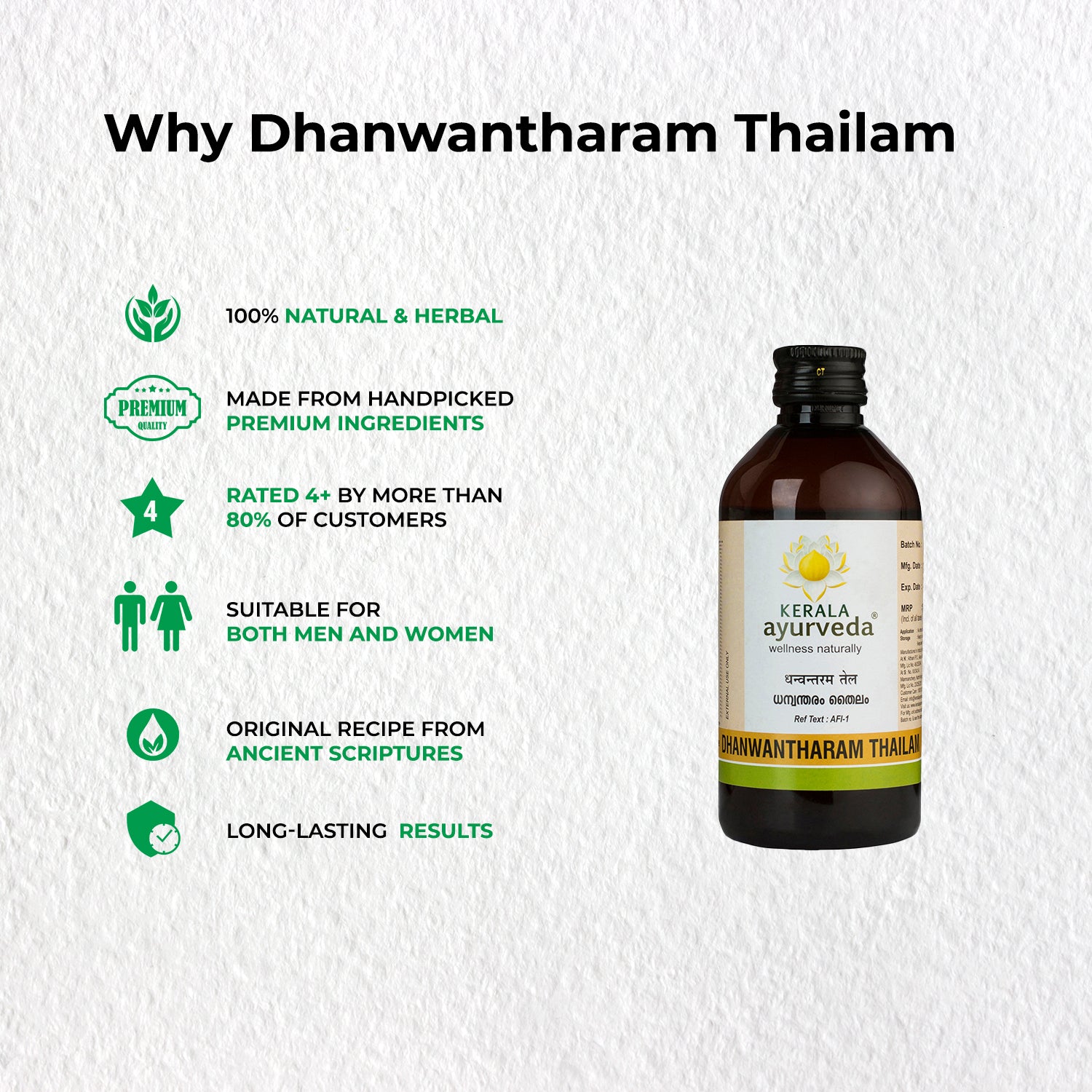 “Why Dhanwantharam Thailam” poster listing 100 % natural, premium ingredients and long-lasting results beside the product bottle