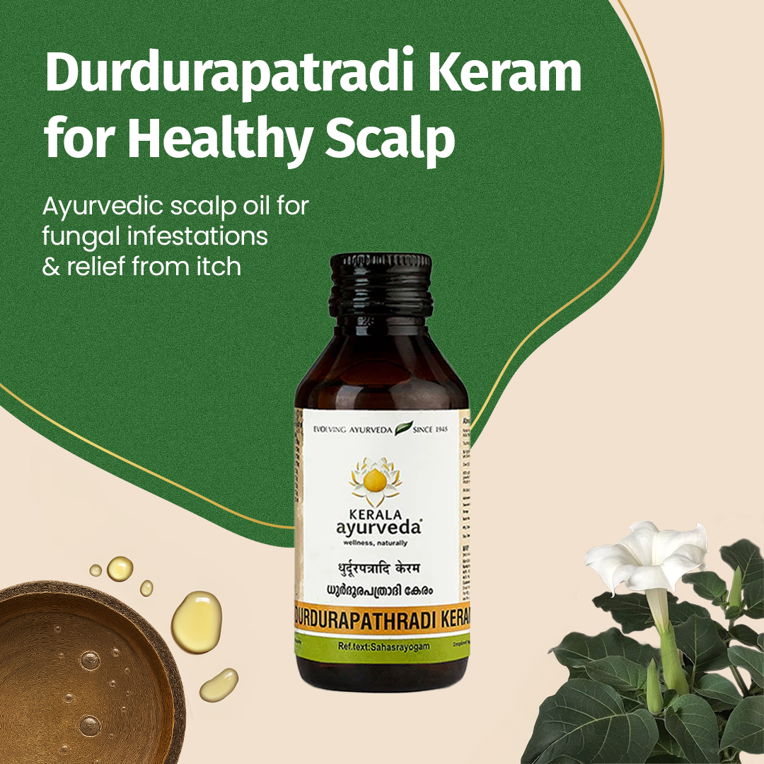  Banner promoting Durdurapatradi Keram for "Healthy Scalp," featuring the product bottle with oil drops and a white flower, describing it as an Ayurvedic scalp oil for fungal infestations and itch relief. – Kerala Ayurveda India