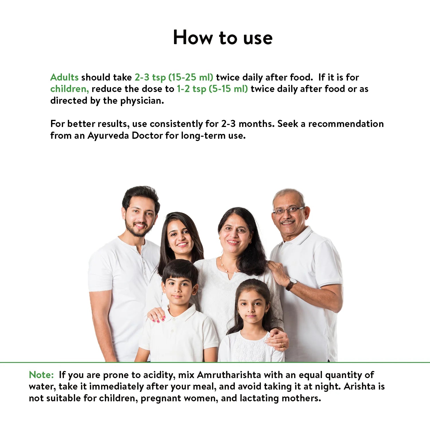 Banner titled "How to use" Amrutharishta Arishtam, showing a multi-generational family, and providing dosage instructions for adults and children, emphasizing consistent use, and a note regarding acidity and use by specific groups. – Kerala Ayurveda India
