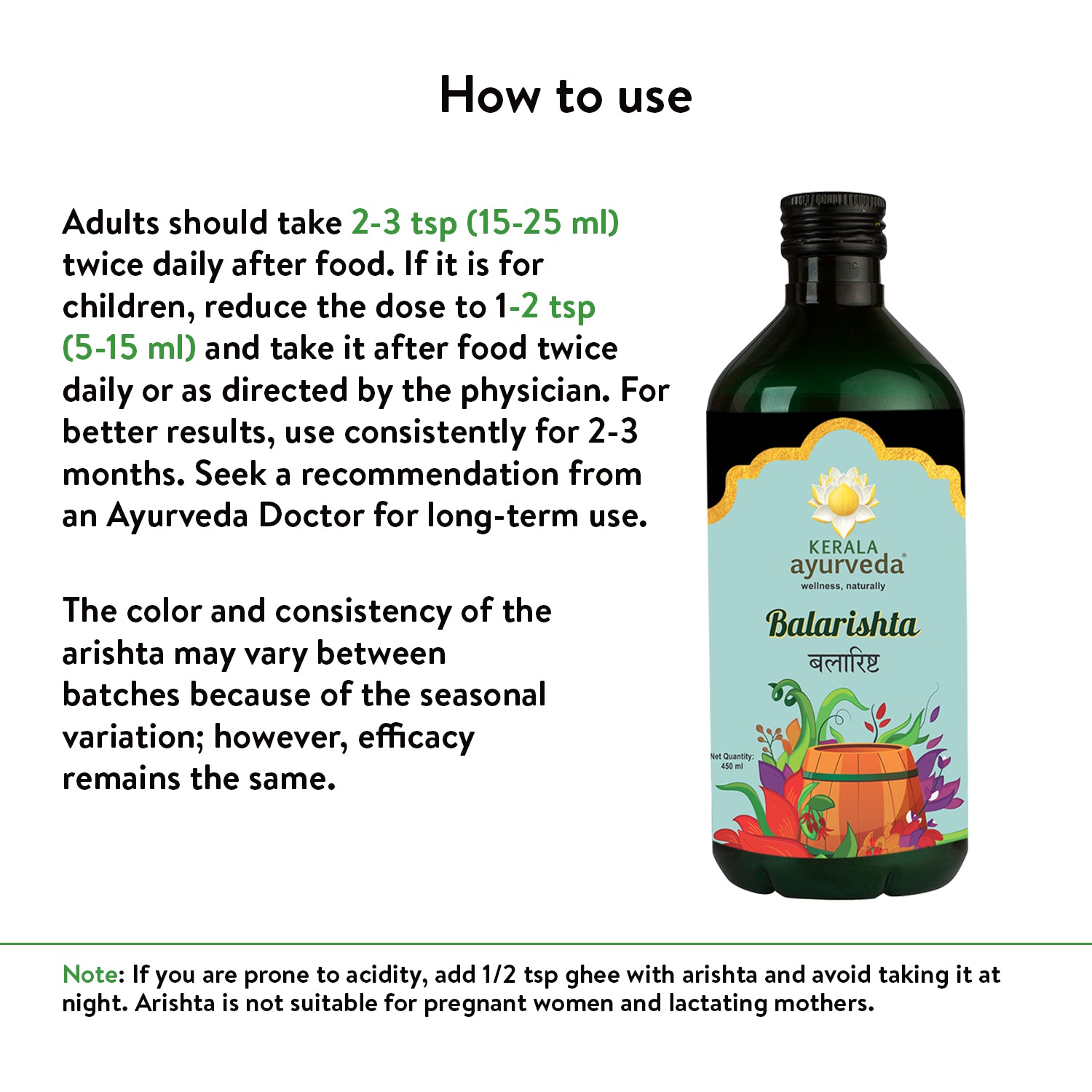 “How to use” graphic with green dosage highlights beside a Balarishta bottle, explaining daily teaspoon measurements and consistent use recommendations for the Ayurvedic postnatal strength tonic – Kerala Ayurveda India