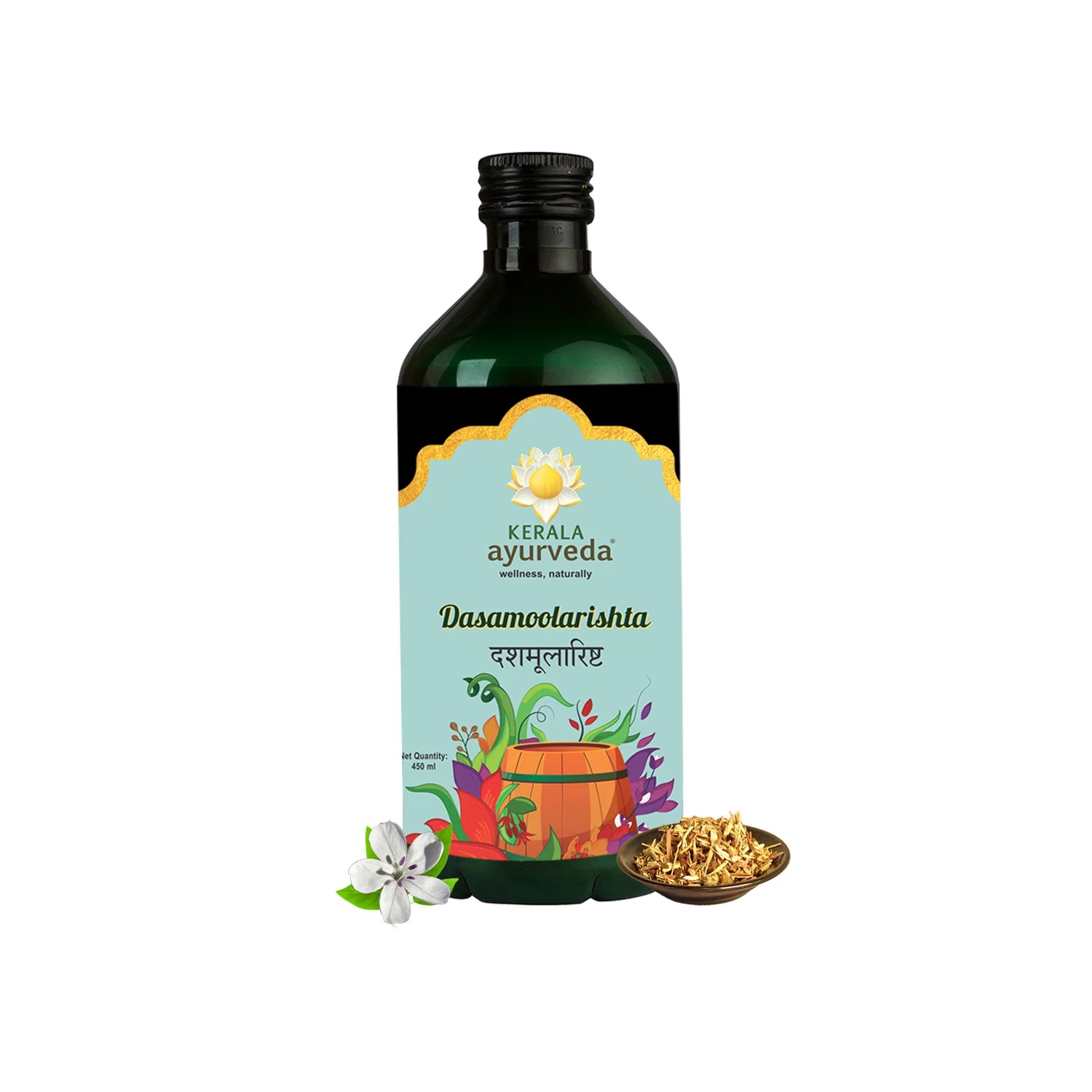 Front label packshot of Dasamoolarishta herbal tonic bottle with white chitraka flower and dried herb garnish at the base – Kerala Ayurveda India