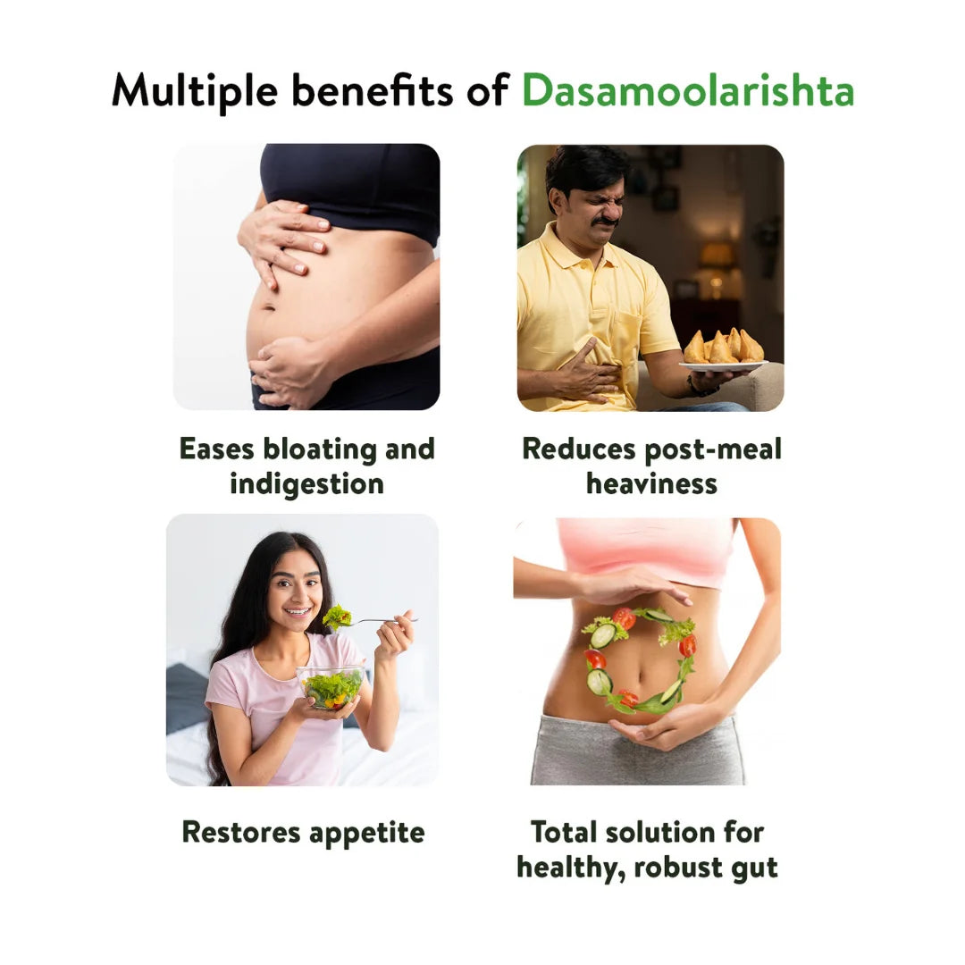 Benefits grid highlighting relief from bloating, post-meal heaviness, restored appetite and robust gut health with illustrative photos – Kerala Ayurveda India