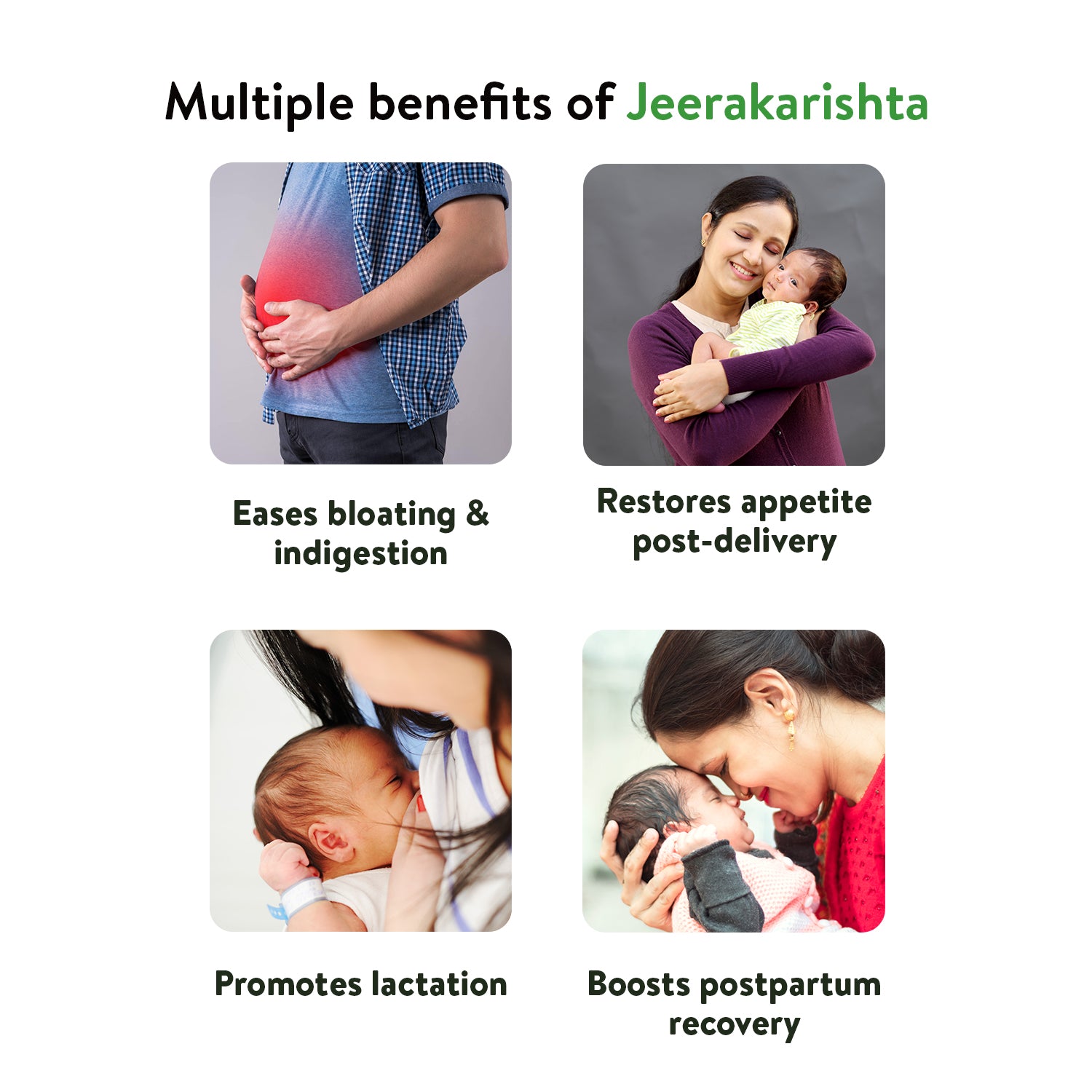 Banner titled "Multiple benefits of Jeerakarishta," illustrating how Jeerakarishta Arishtam eases bloating & indigestion, restores appetite post-delivery, promotes lactation, and boosts postpartum recovery. – Kerala Ayurveda India