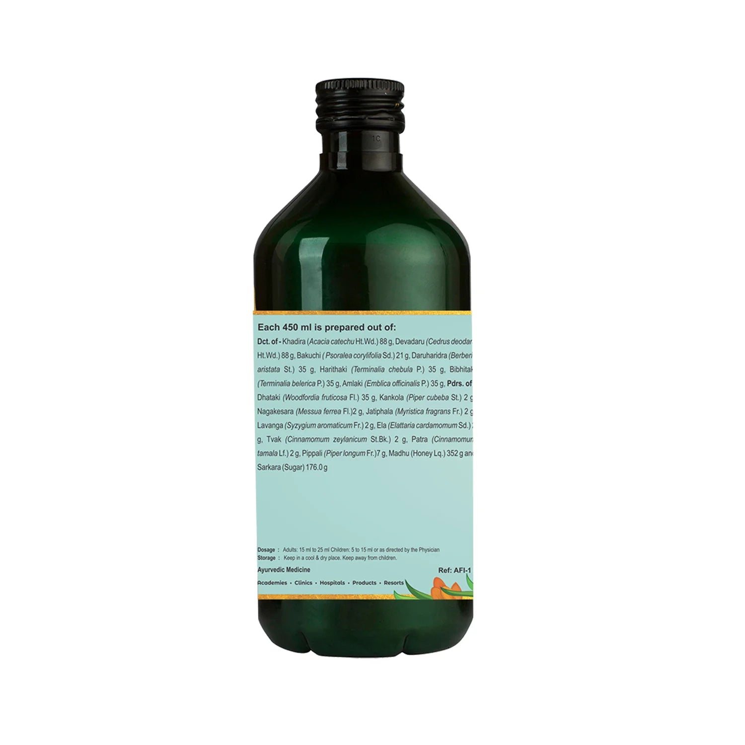 Side view of the Kerala Ayurveda Khadirarishta Arishtam bottle, showing a detailed list of ingredients prepared per 450 ml, and dosage and storage instructions. – Kerala Ayurveda India