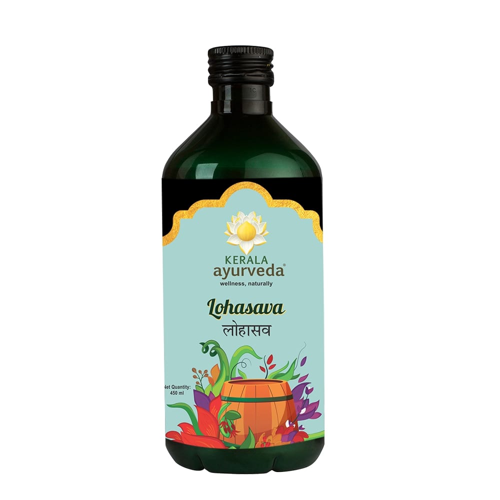 Front view of a dark green glass bottle of Kerala Ayurveda Lohasava, with a light blue label featuring floral and barrel illustrations, and the product name in English and Hindi. It indicates "Net Quantity: 450 ml." – Kerala Ayurveda India