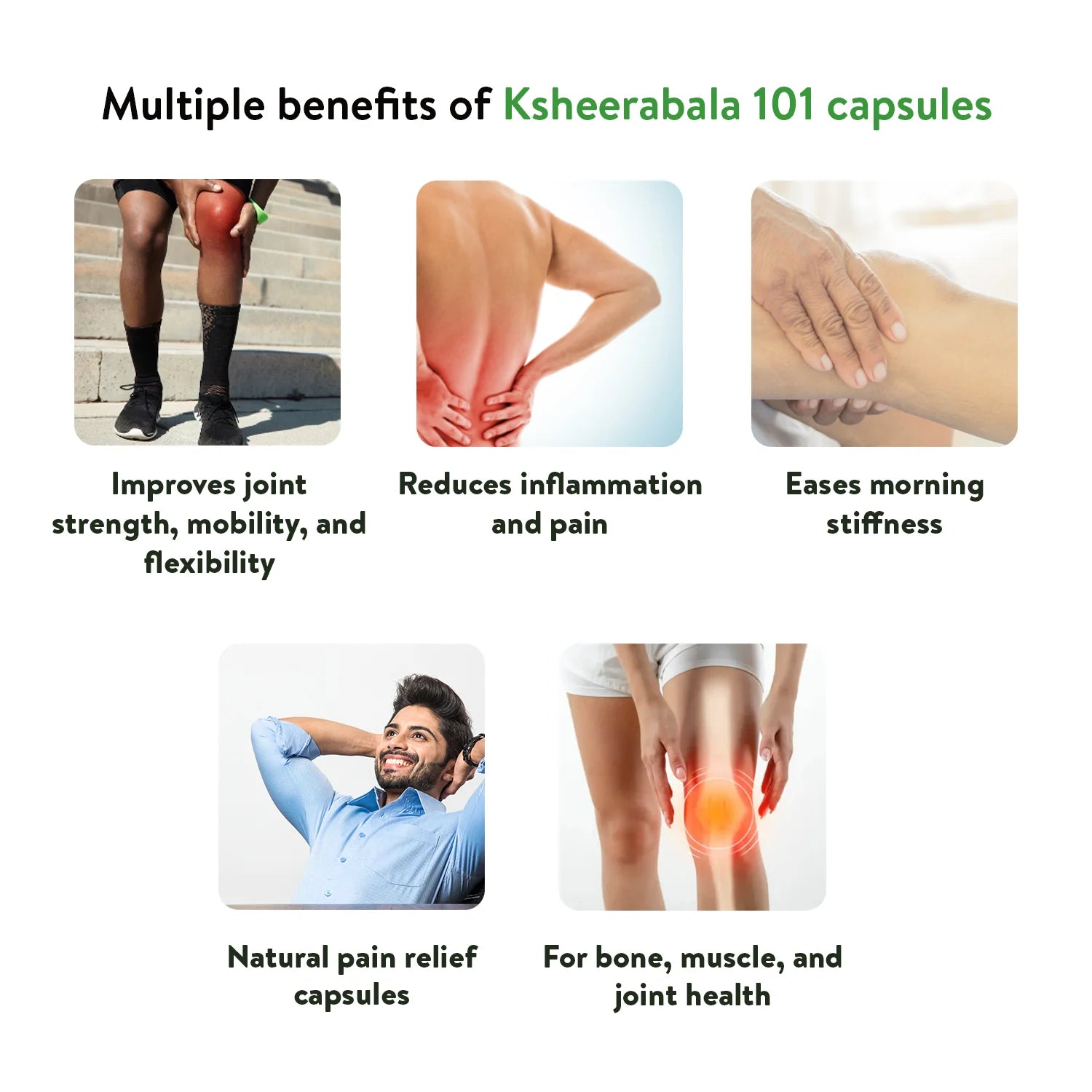 Banner titled "Multiple benefits of Ksheerabala 101 capsules," illustrating how it improves joint strength, mobility, and flexibility; reduces inflammation and pain; eases morning stiffness; provides natural pain relief; and supports bone, muscle, and joint health. – Kerala Ayurveda India
