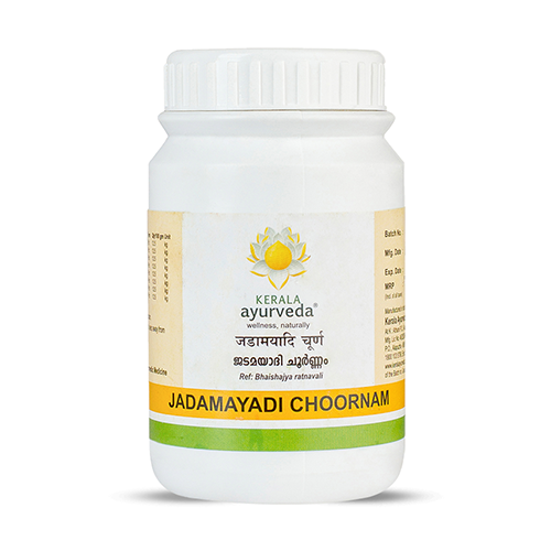 Front view of a white plastic jar of Kerala Ayurveda Jadamayadi Choornam with a white lid. The label features the product name in English and Malayalam script, along with the Kerala Ayurveda logo. – Kerala Ayurveda India