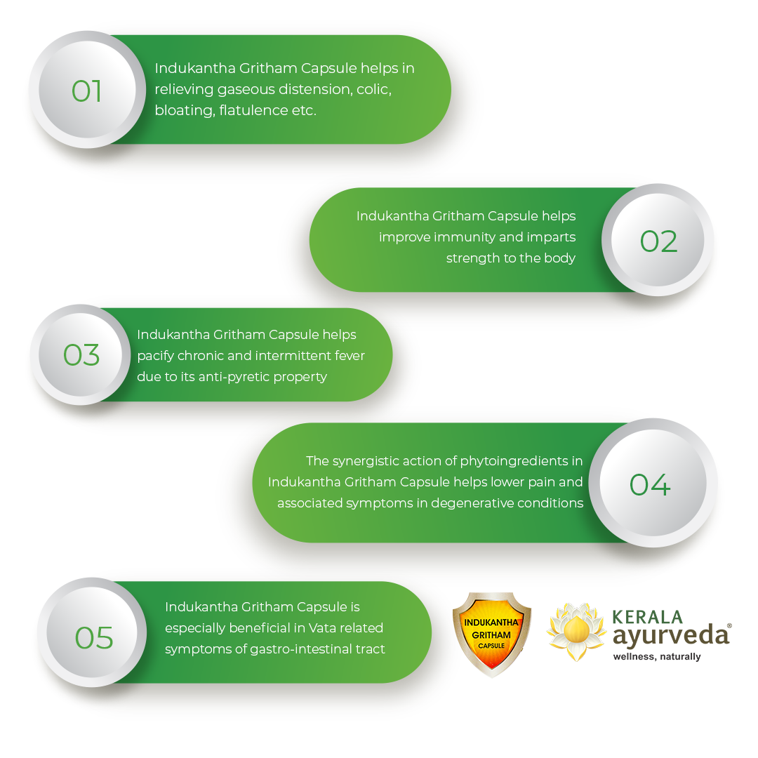 Banner outlining five key benefits of Indukantha Gritham Capsule, including relieving gaseous distension, improving immunity, pacifying chronic and intermittent fever, reducing pain in degenerative conditions, and being beneficial for Vata-related GI symptoms. – Kerala Ayurveda India