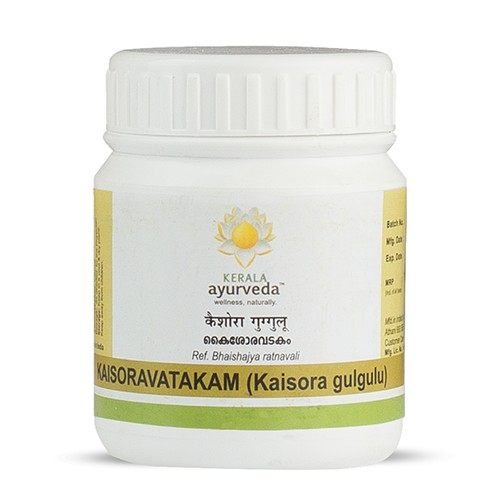 Front view of a white plastic jar of Kerala Ayurveda Kaisora Gulgulu Gulika with a white lid. The label features the product name as "KAISORAVATAKAM (Kaisora gulgulu)" in English and Malayalam script, along with the Kerala Ayurveda logo. – Kerala Ayurveda India