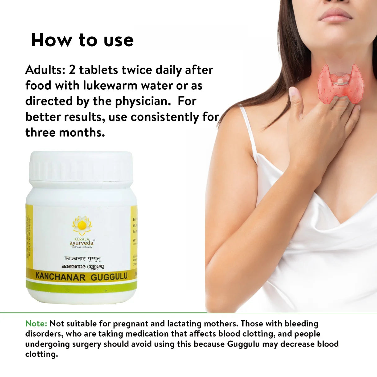 Banner titled "How to use" Kanchanar Guggulu, showing the product jar next to a person touching their neck with a thyroid gland overlay. It provides dosage instructions for adults and a note for pregnant/lactating mothers or those with bleeding disorders. – Kerala Ayurveda India