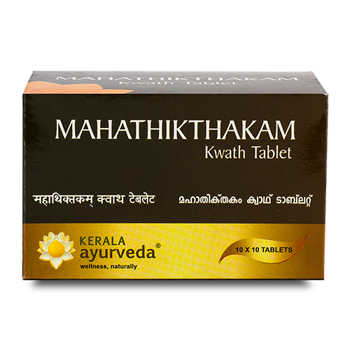 Front view of the Kerala Ayurveda Mahathikthakam Kwath Tablet box, with a dark brown and gold design. It prominently displays "MAHATHIKTHAKAM Kwath Tablet" in English and regional scripts, along with "10 X 10 TABLETS". – Kerala Ayurveda India
