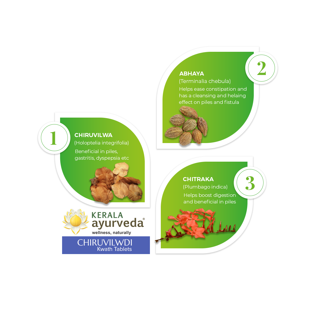 Banner illustrating key ingredients of Chiruvilwadi Kwath Tablet: Chiruvilwa, Abhaya, and Chitrakka, detailing their benefits for piles, gastritis, dyspepsia, constipation, and digestion. – Kerala Ayurveda India