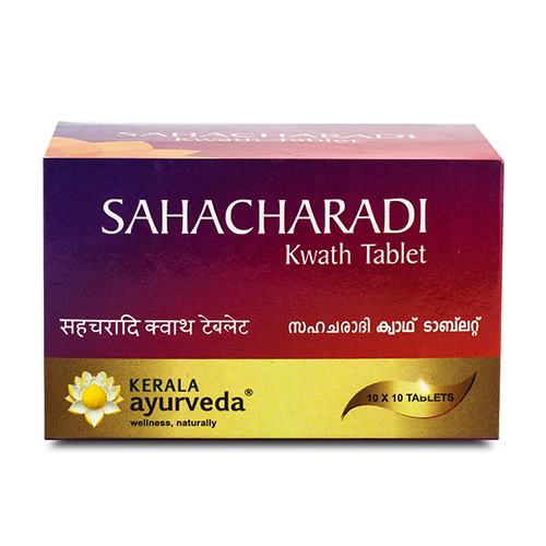 Front view of the Kerala Ayurveda Sahacharadi Kwath Tablet box, with a purple and gold gradient design. It prominently displays "SAHACHARADI Kwath Tablet" in English and regional scripts, along with "10 X 10 TABLETS". – Kerala Ayurveda India
