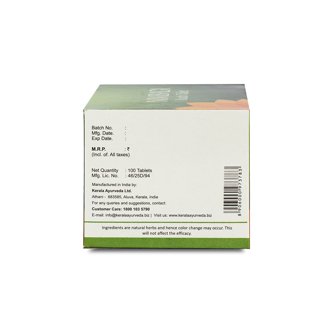 Side view of the Kerala Ayurveda Nimbadi Kwath Tablet box, detailing the ingredients prepared from decoction, other ingredients, dosage (1-2 tablets twice daily), and storage instructions. – Kerala Ayurveda India