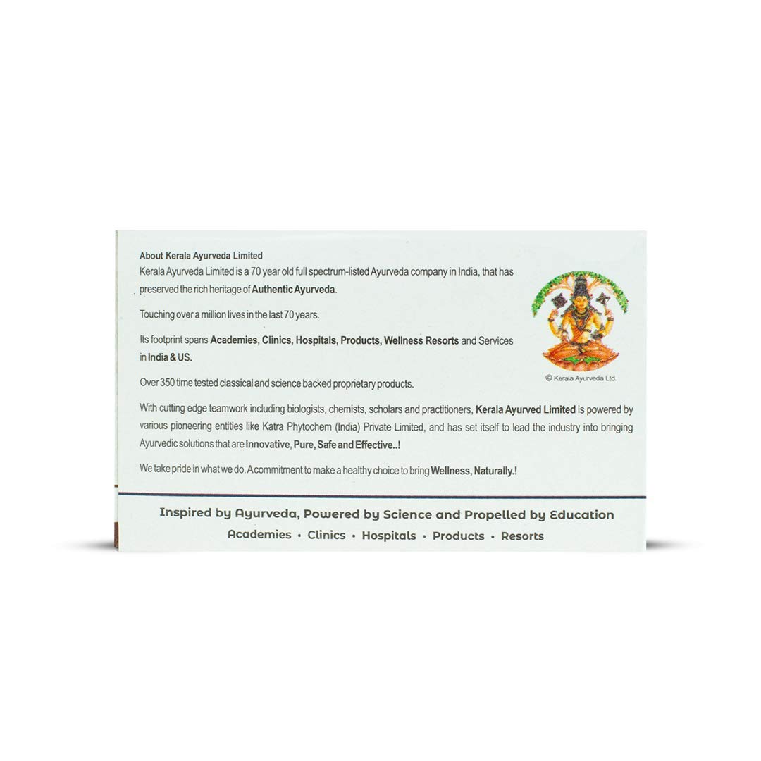 Side view of the Kerala Ayurveda Dhanwantharam Kwath Tablets box, providing extensive information about Kerala Ayurveda Limited, its 70-year legacy, and commitment to authentic Ayurvedic solutions. – Kerala Ayurveda India