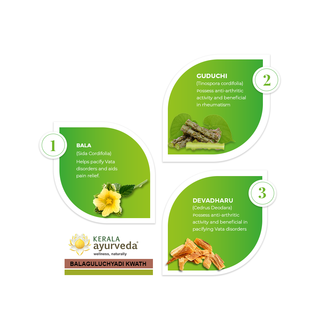 Banner illustrating key ingredients of Balaguluchyadi Kwath: Bala, Guduchi, and Devadaru, detailing their benefits for pacifying Vata disorders, pain relief, anti-arthritic activity, and rheumatism. – Kerala Ayurveda India