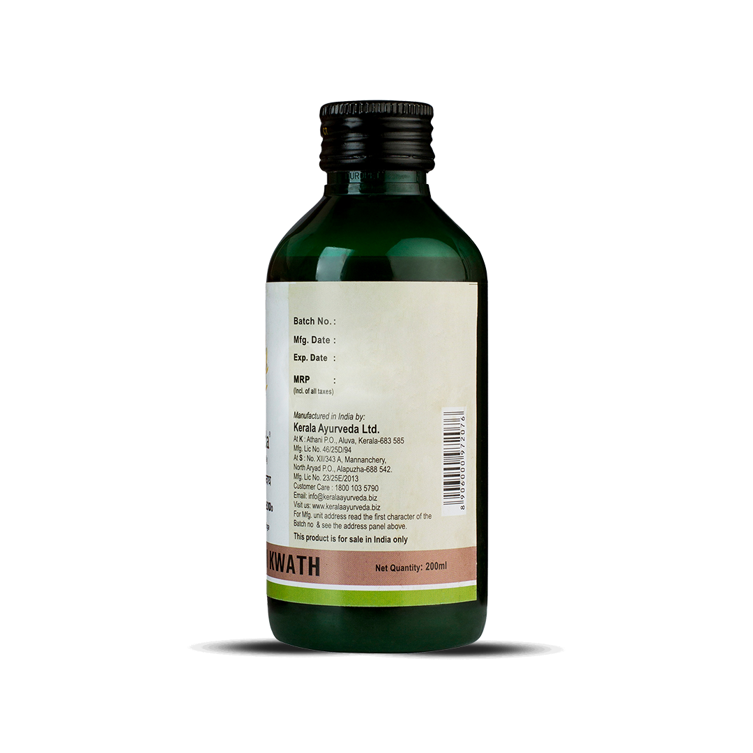 Back panel of the bottle showing batch/manufacture details, Kerala Ayurveda contact info and barcode.