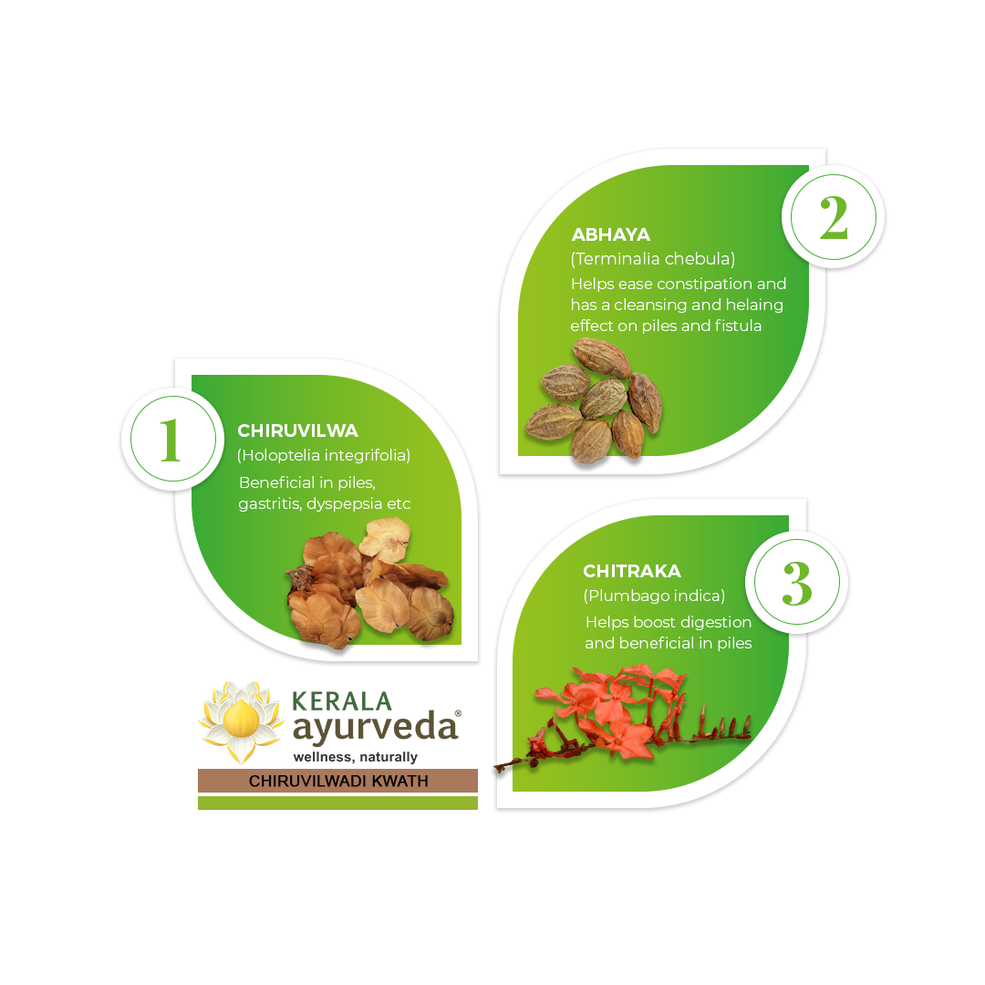 Graphic highlighting top three herbs in Chiruvilwadi Kwath: Chiruvilwa, Abhaya and Chitraka, each shown with photo and key benefit.