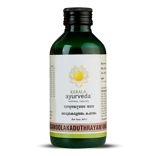 Front view of a dark green glass bottle of Kerala Ayurveda Dasamoolakaduthrayam Kwath, with a cream-colored label displaying the product name in English and Malayalam script, along with the Kerala Ayurveda logo. – Kerala Ayurveda India