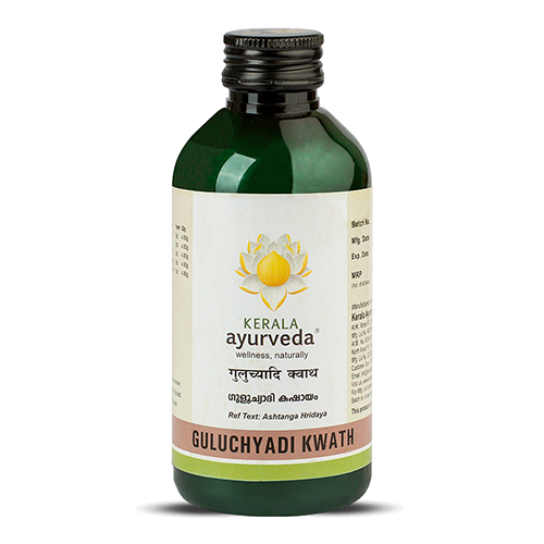 Front view of a dark green glass bottle of Kerala Ayurveda Guluchyadi Kwath, featuring the product name in English and Malayalam script with the brand logo. – Kerala Ayurveda India