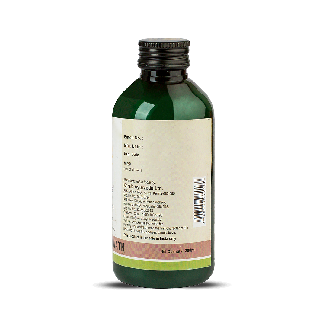  Back view of the dark green glass bottle of Kerala Ayurveda Guluchyadi Kwath, displaying the net quantity of 200ml, manufacturing details, and customer care information. – Kerala Ayurveda India