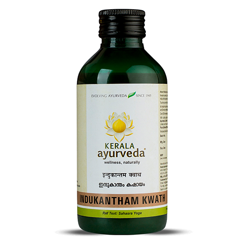 Front view of a dark green glass bottle of Kerala Ayurveda Indukantham Kwath, with a cream-colored label displaying the product name in English and Malayalam script, along with the Kerala Ayurveda logo. – Kerala Ayurveda India