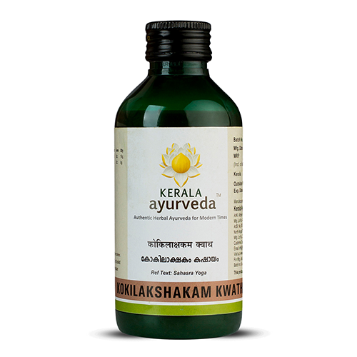 Front view of a dark green glass bottle of Kerala Ayurveda Kokilakshakam Kwath, with a cream-colored label displaying the product name in English and Malayalam script, along with the Kerala Ayurveda logo. – Kerala Ayurveda India