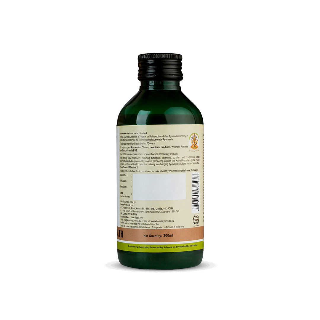 Back view of the dark green glass bottle of Kerala Ayurveda Maharasnadi Kwath, displaying the net quantity of 200ml, manufacturing details, customer care information, and a barcode. – Kerala Ayurveda India