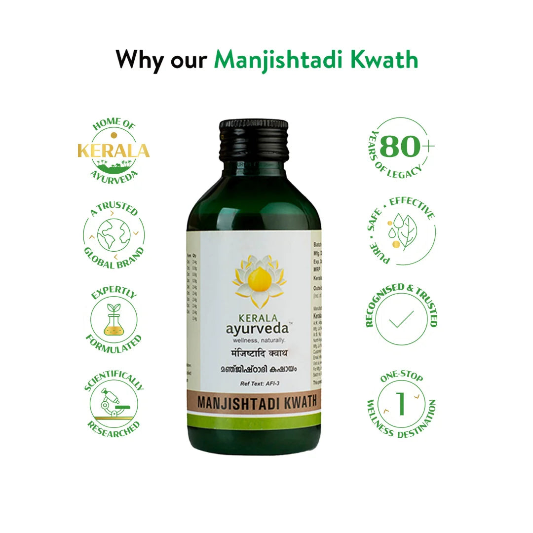 Banner titled "Why our Manjishtadi Kwath," emphasizing Kerala Ayurveda's 80+ years of legacy, global brand trust, expert formulation, and scientific research. – Kerala Ayurveda India