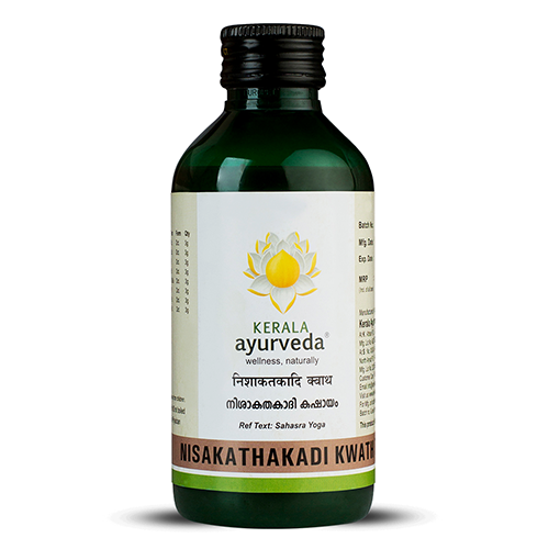 Front view of a dark green glass bottle of Kerala Ayurveda Nisakathakadi Kwath, with a cream-colored label displaying the product name in English and Malayalam script, along with the Kerala Ayurveda logo. – Kerala Ayurveda India