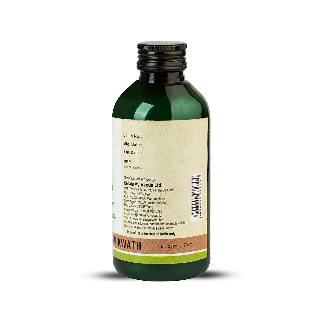 Back view of the dark green glass bottle of Kerala Ayurveda Pathyashadangam Kwath, displaying the net quantity of 200ml, manufacturing details, customer care information, and a barcode. – Kerala Ayurveda India