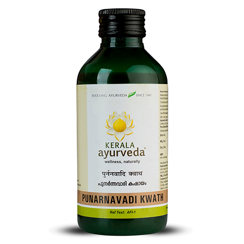 Front view of the Punarnavadi Kwath herbal decoction bottle featuring the yellow-lotus Kerala Ayurveda logo on a green glass flask – Kerala Ayurveda India