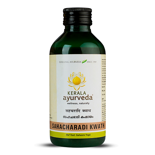  Front view of a dark green glass bottle of Kerala Ayurveda Sahacharadi Kwath, with a cream-colored label displaying the product name in English and Malayalam script, along with the Kerala Ayurveda logo. – Kerala Ayurveda India
