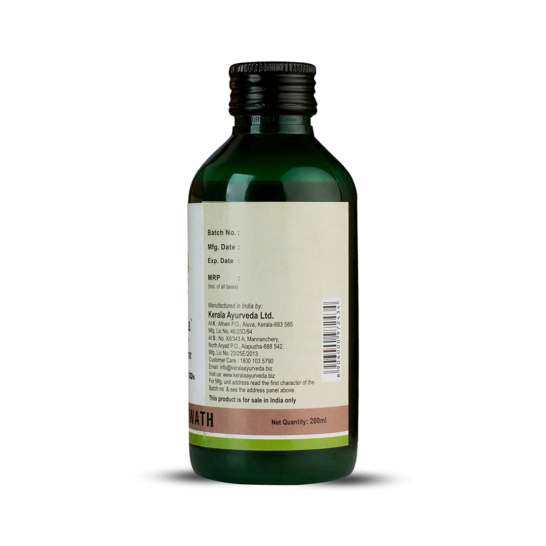 Rear view of Vidaryadi Kwath bottle displaying batch, manufacturing, and customer‐care details above the brown product band indicating net quantity 200 ml – Kerala Ayurveda India