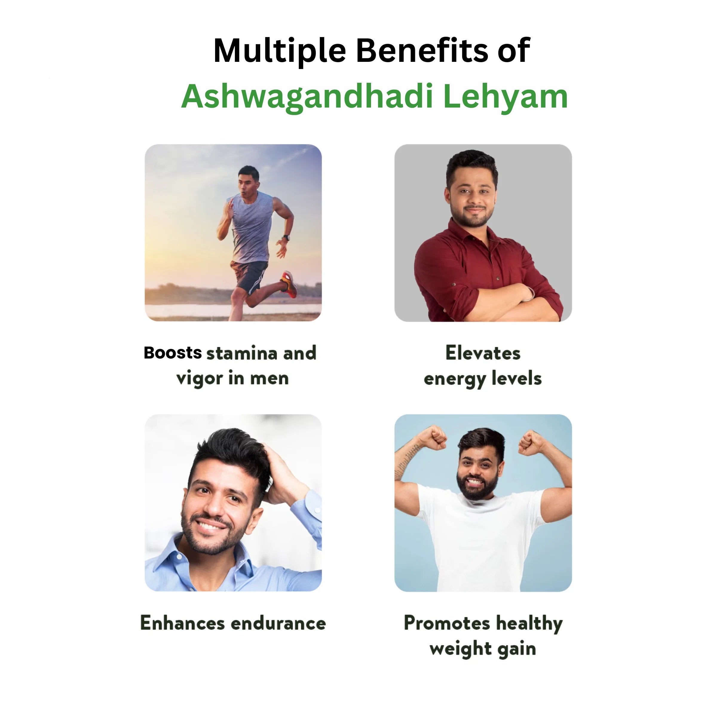 Grid of active men illustrating multiple ashwagandhadi lehyam benefits such as boosting stamina, energy, endurance and healthy weight gain tonic support – Kerala Ayurveda India