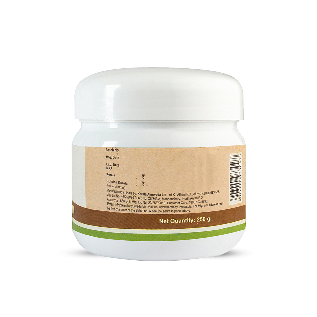 Back view of the Sathavarigulam jar, displaying the net quantity of 250 g, manufacturing details by Kerala Ayurveda Ltd., customer care contact, and a barcode. – Kerala Ayurveda India