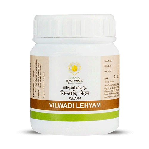 Front view of a white jar of "Vilwadi Lehyam" by Kerala Ayurveda, featuring the brand logo and product name in English and Devanagari script. – Kerala Ayurveda India