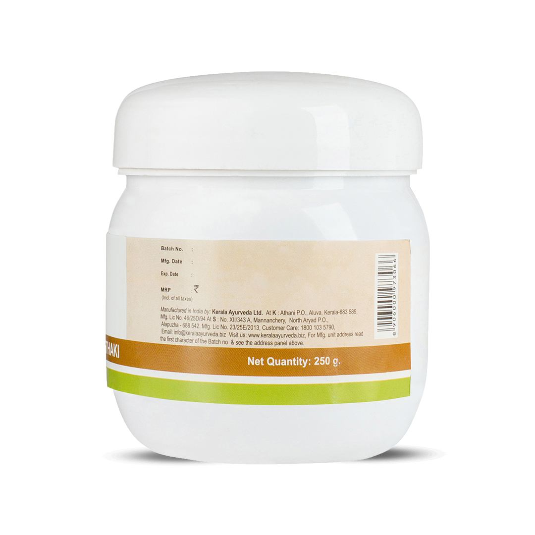 Back view of the Kerala Ayurveda Dasamoolahareethaki Lehyam jar, showing net quantity 250g, manufacturing details, and customer care contact information. – Kerala Ayurveda India