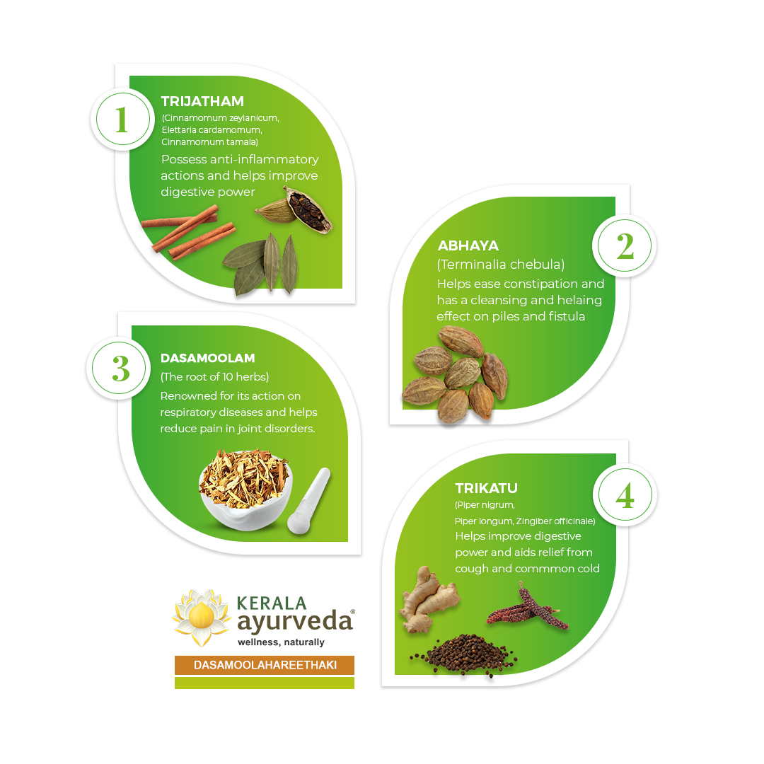 Banner image illustrating key ingredients of Dasamoolahareethaki Lehyam, including Trijatham, Abhaya, Dasamoolam, and Trikatu, with their respective benefits. – Kerala Ayurveda India